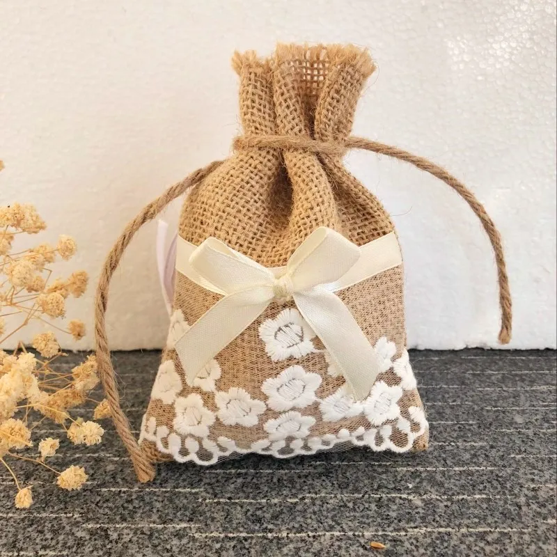 Us 69 99 10 Off 100pcs Lot Jute Lace Favor Bags Burlap Wedding Candy Bag Rustic Christmas Children S Day Gift Ng Free Shipping In