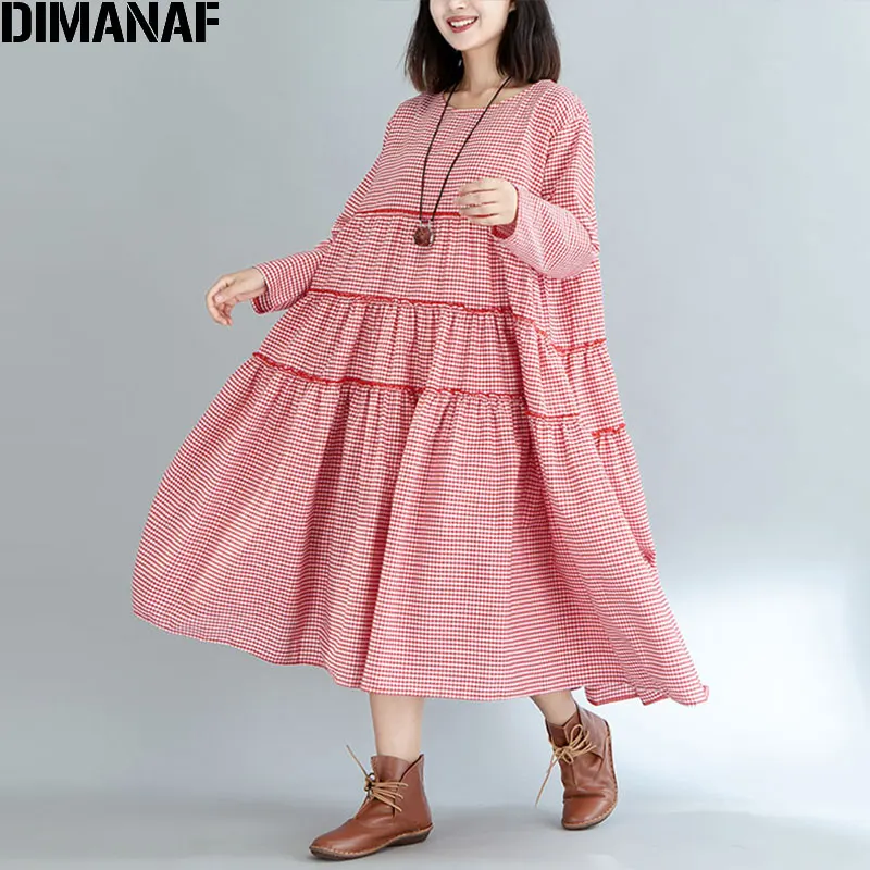 

DIMANAF Women's Dress Oversize Autumn Long Sleeve Vintage Patchwork Draped Loose Long Sleeve Loose Plus Size European Dresses