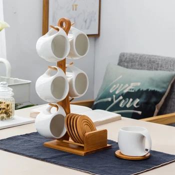 

Ceramic coffee cup and saucer set Flower Tea Cup Household Cup Creative with 6 sets of shelves with hanging cups
