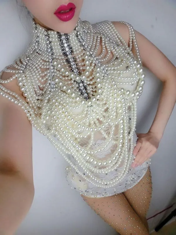 

Woman Prom Dress Wear Pearl Chains Jacket Outfit One Piece Bodysuit Queen Crystal Design Wedding Dj Female Singer Dance Costume