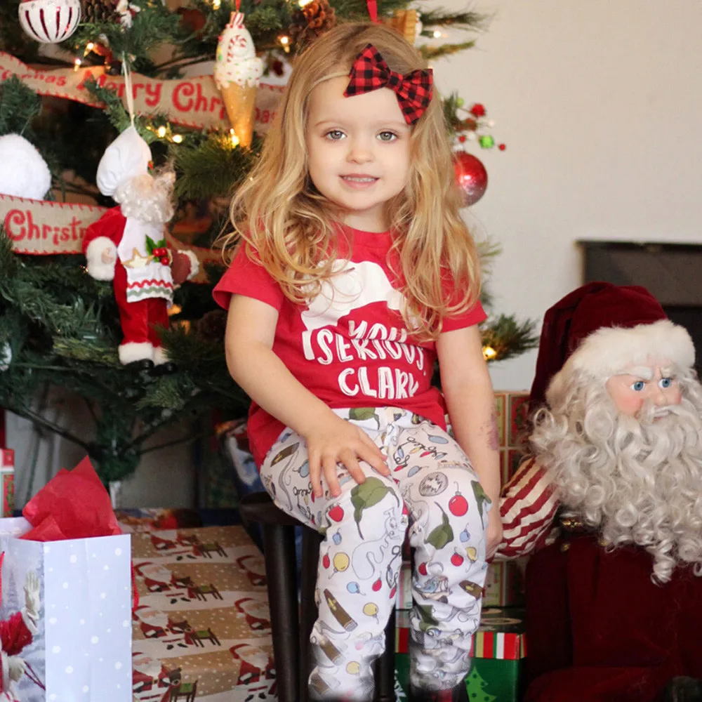 Для девочек Костюмы Дети для новорожденных девочек с надписью Футболка Топы+ штаны, рождественские наряды с длинными рукавами на осень и Зимняя одежда комплект T3