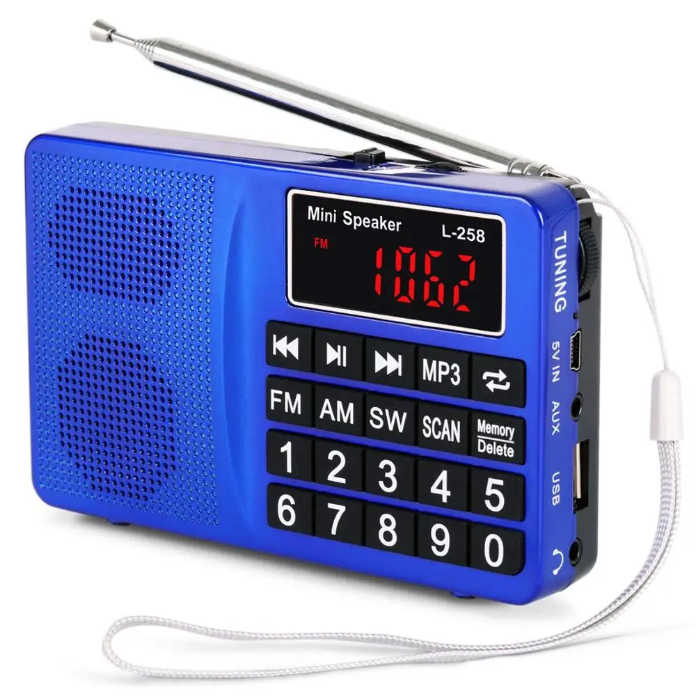 PRUNUS L-258 радио приемник FM AM SW портативный цифровой радио Поддержка u-диск/TF карта/AUX MP3 Воспроизведение бас стерео радио USB зарядка - Цвет: Blue