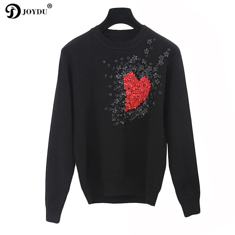 JOYDU Runway Design Sweater Women 2018 Long Sleeve Knit Pullover Heart Pattern Flower Beading Novelty Casual Jumper pull femme | Женская