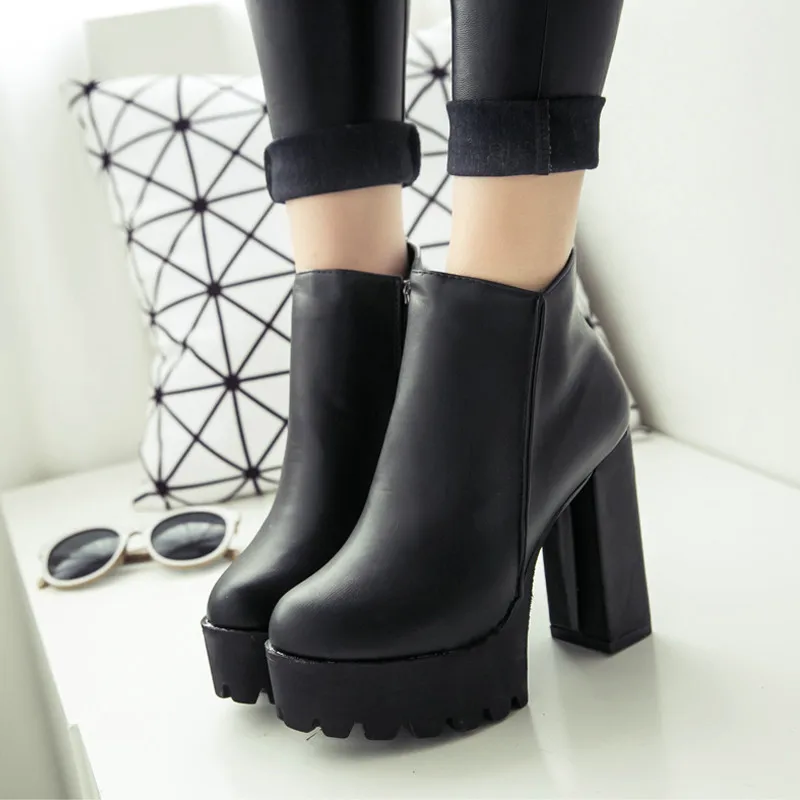 

Women Winter Boots Black Platform Lace Up Thick High Heels Punk Shoes Booties Ankle Boots Free Shipping