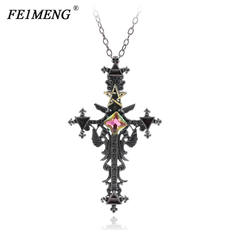 

Pentagram Crystal Cross Necklace Vintage Colorful CZ Crystal Gold Color Star Pendant Necklaces For Women Men Christian Jewelry