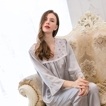 Natural Silk Pajamas Set For Women Lace-Neck Solid Long Sleeve 100% Silk Night Wear Summer Ladies Real Silk Sleepwear Grey Natural Silk Pajamas Set For Women Lace-Neck Solid Long Sleeve 100% Silk Night Wear Summer Ladies Real Silk Sleepwear Grey