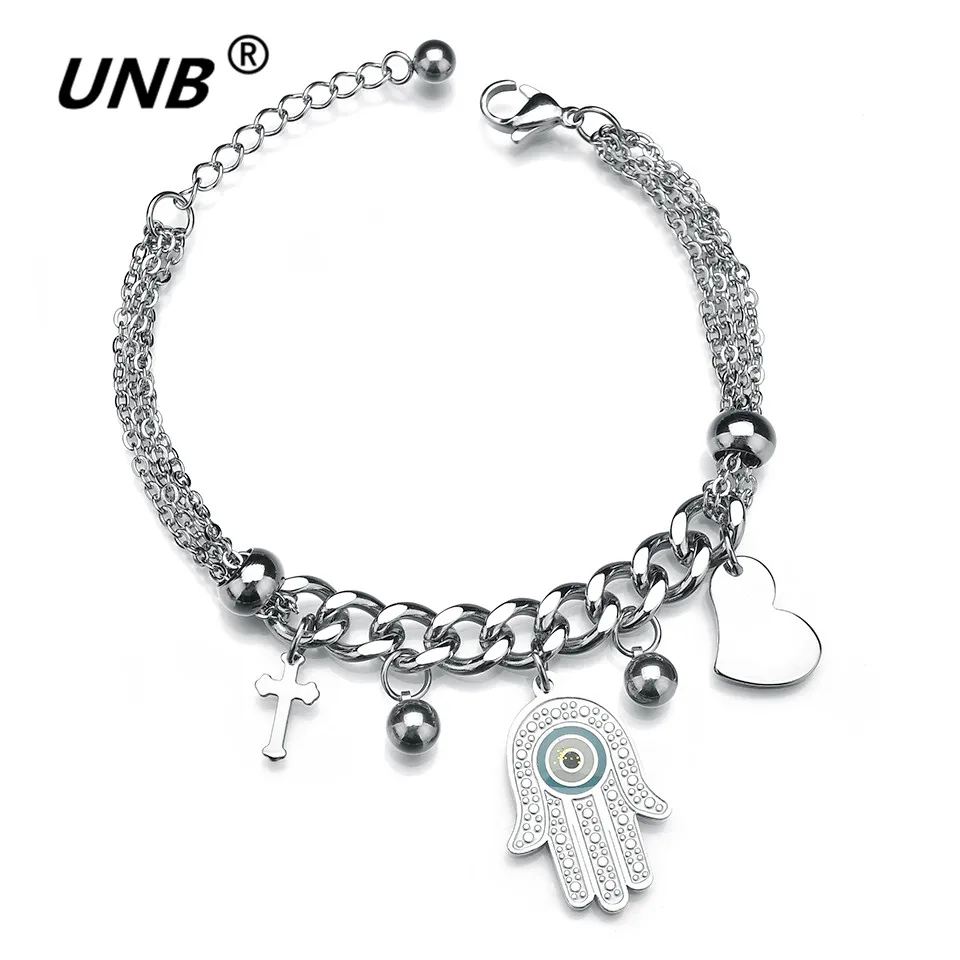 

Fashion Charms Luck Hand of Fatima Christian Jewelry Hamsa Hand Pendant Silver Color Stainless Steel Bracelets For Women Gift