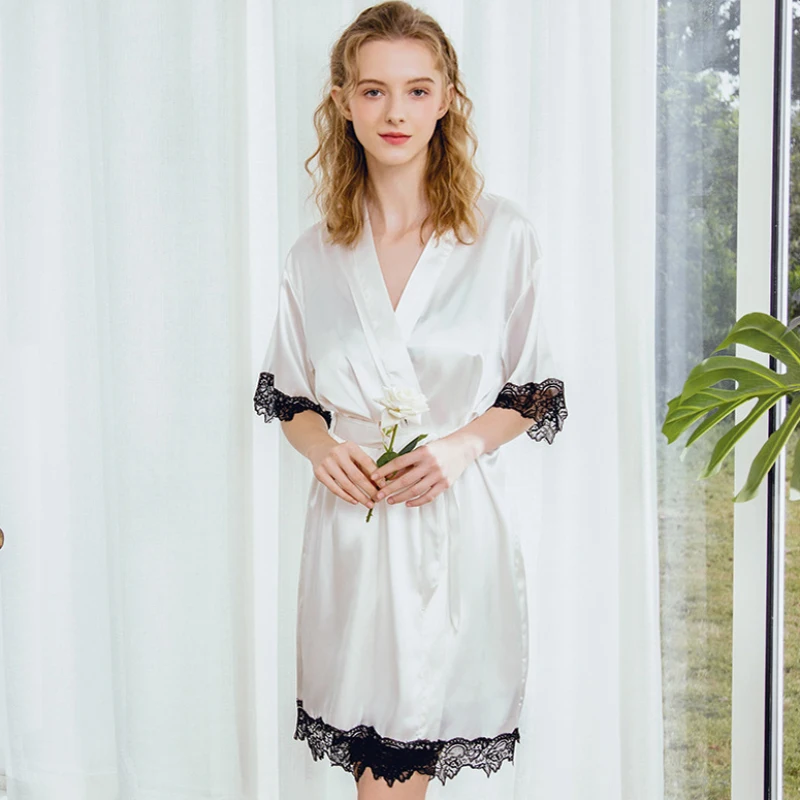 

RB0381 New Women Sexy Robe Lace Satin Silk Sleepwear Ladies V Neck Sash Bathrobe Female Half Sleeve Summer Nightwear Gown Robes
