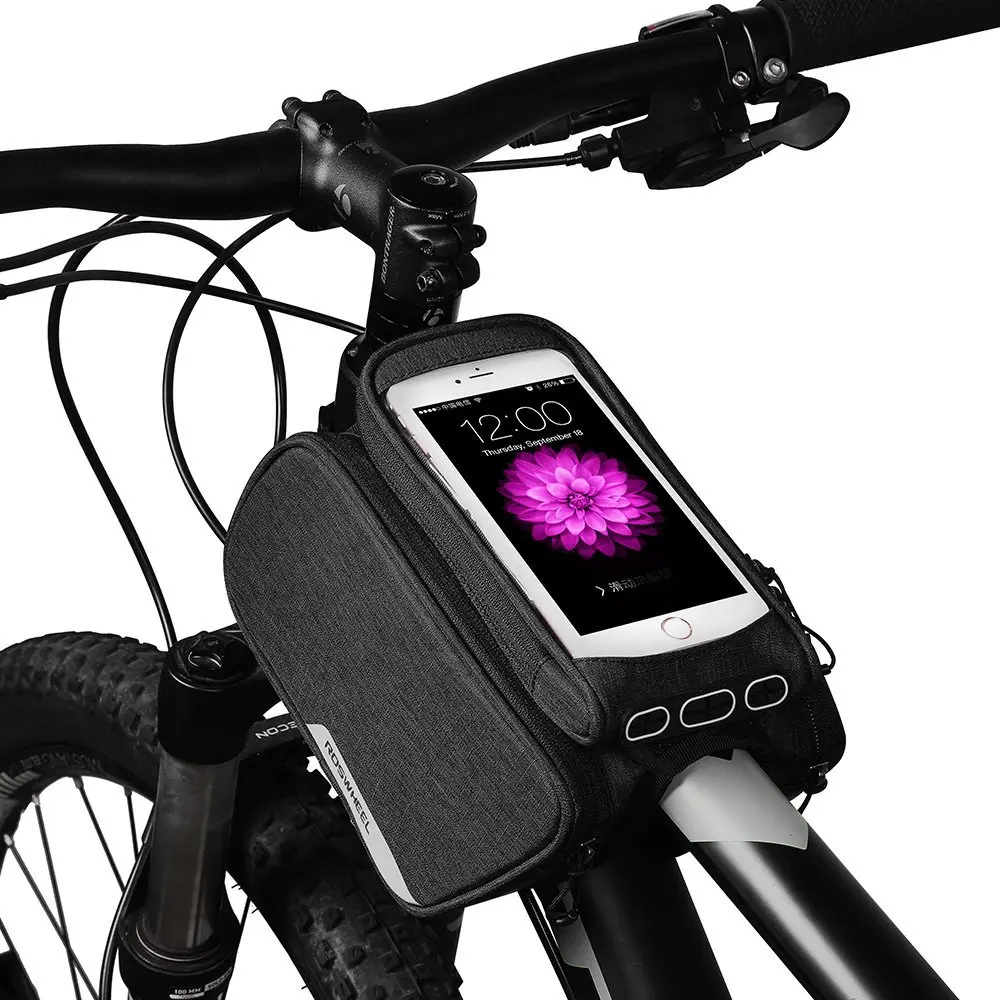 

Touchscreen Water Resistant Cycling Bike Bicycle Front Frame Top Tube Double Bag Pannier with 5.7inch Mobile Cell Phone Case