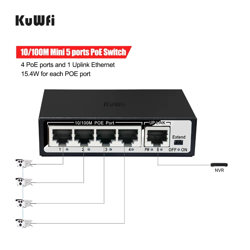 10/100 Мбит/с-5/6 Порты и разъёмы переключатель 802.3af коммутатор с 4 POE Порты и 1 Uplink Ethernet Поддержка продлить 250 м 48V