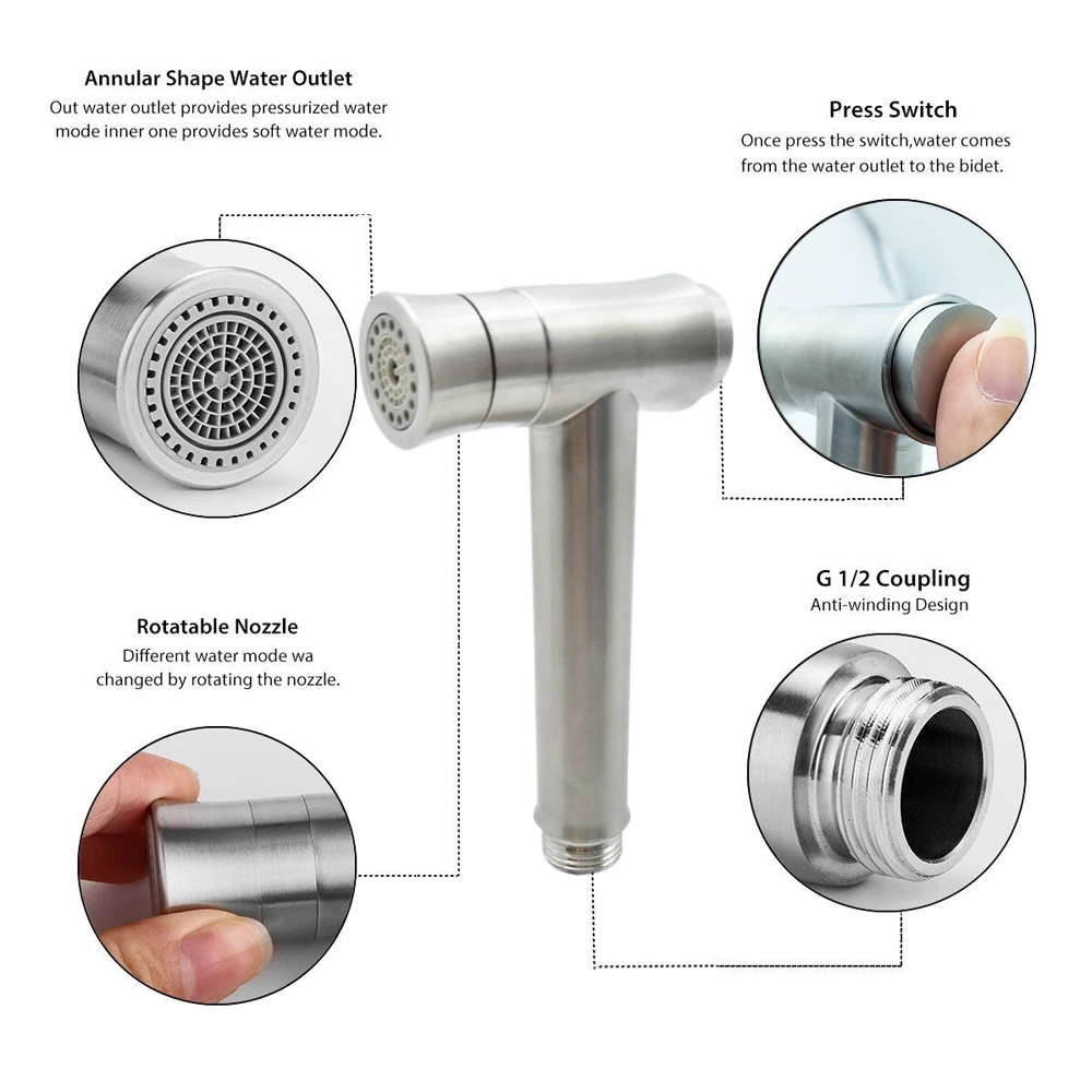 Stainless Steel Single Cold Water Corner Valve Bidet faucets Function square Hand Shower Head