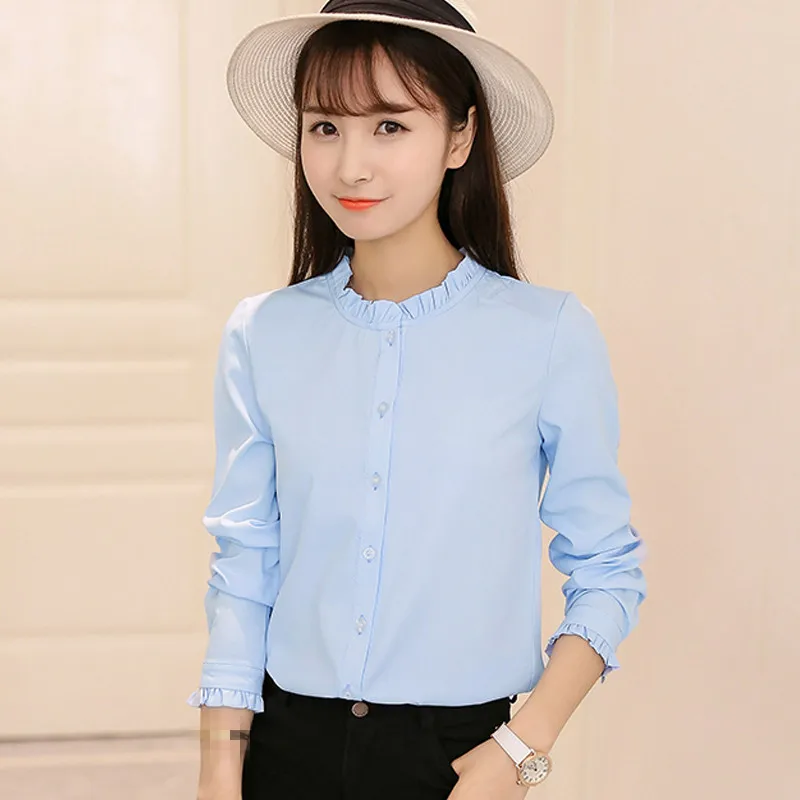 

B1229 spring and autumn period new 2019 leisure joker blue and white collar students women long sleeve shirt cheap wholesale