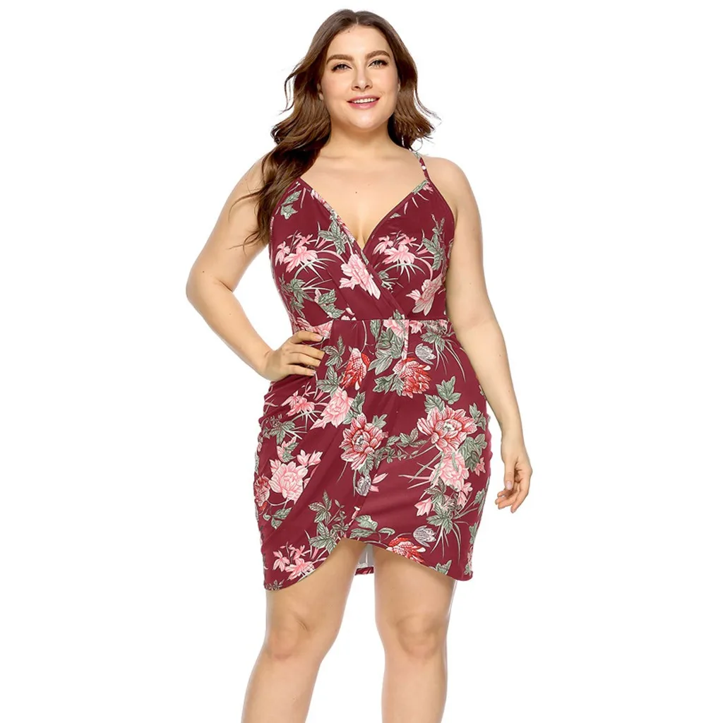 

Women Plus Size Sexy Slim Dress Floral Print Cross Pleated Mini Suspender Dress