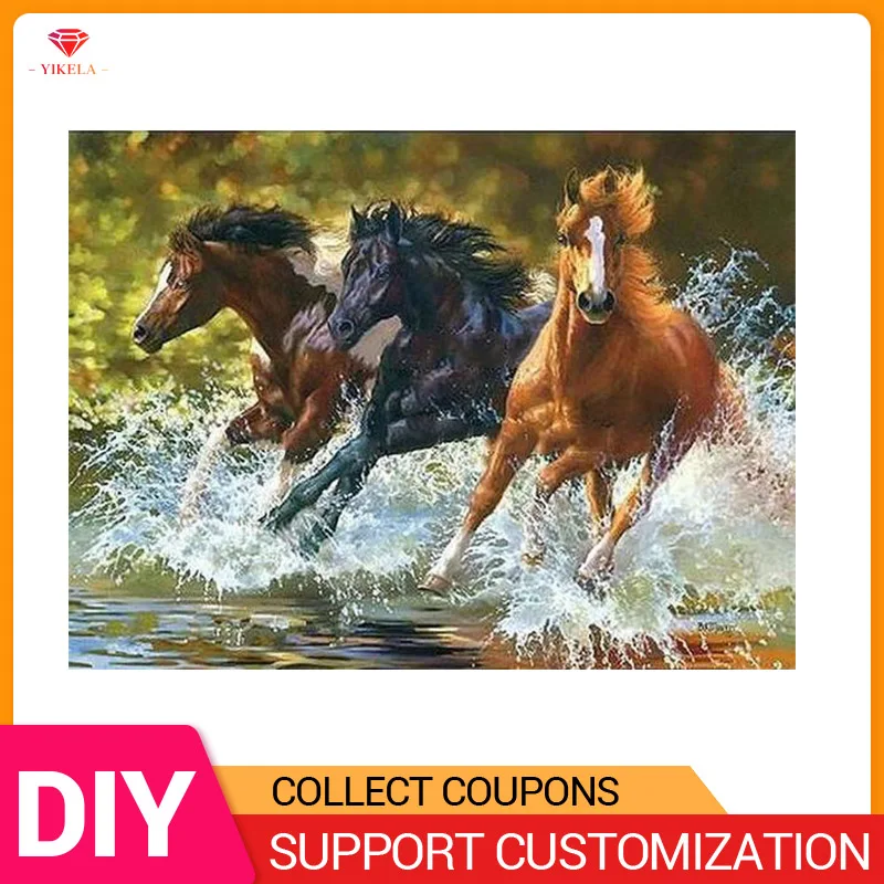 

5D Diy Cross Stitch Embroidery Crystal Diamond Mosaic Three Horses Running Across the River Full Square/Round Drill Painting
