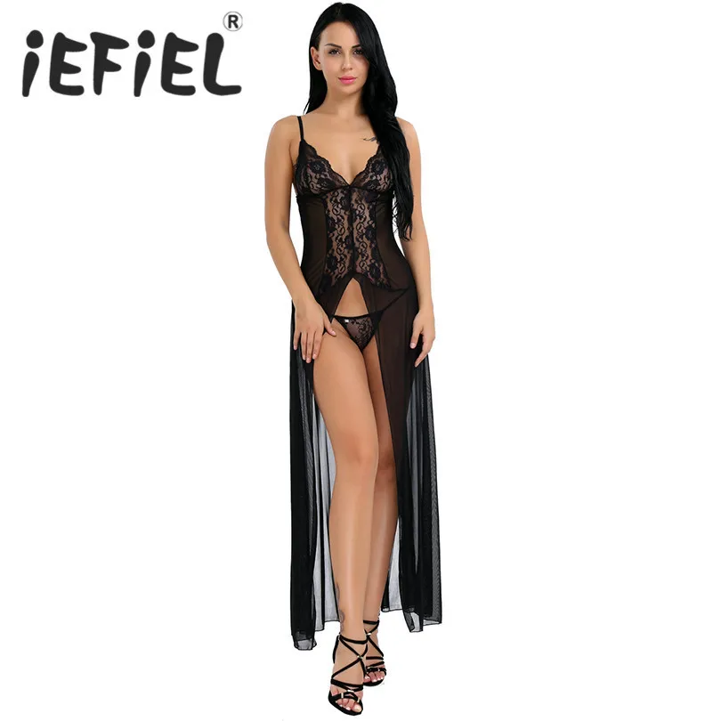 

iEFiEL Sexy Women See-through Lace Floral Split Long Babydoll Nightwear Dress with G-string Clubwear Underwear Lingerie Dress