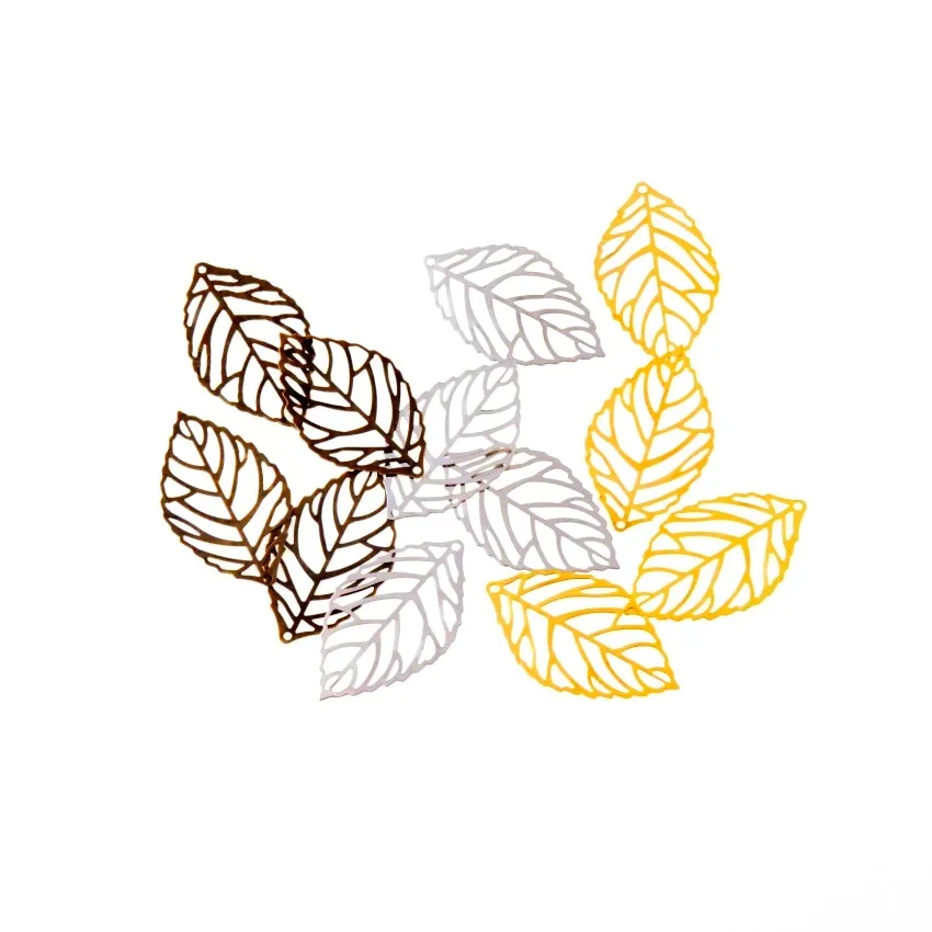Free shipping Retail 20Pcs Bronze/Gold/Silver Filigree Leaf Metal Crafts Decoration DIY Findings 35x20mm