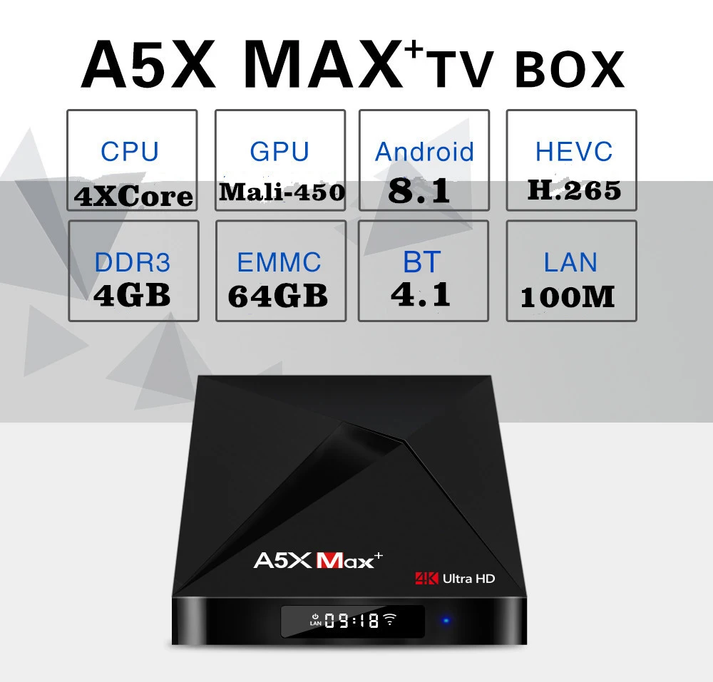 

A5X MAX+ TV Box Rockchip 3328 Android 8.1 4GB RAM + 64GB ROM 2.4G + 5G WiFi 100Mbps BT4.1 Support 4K H.265 Android TV Box