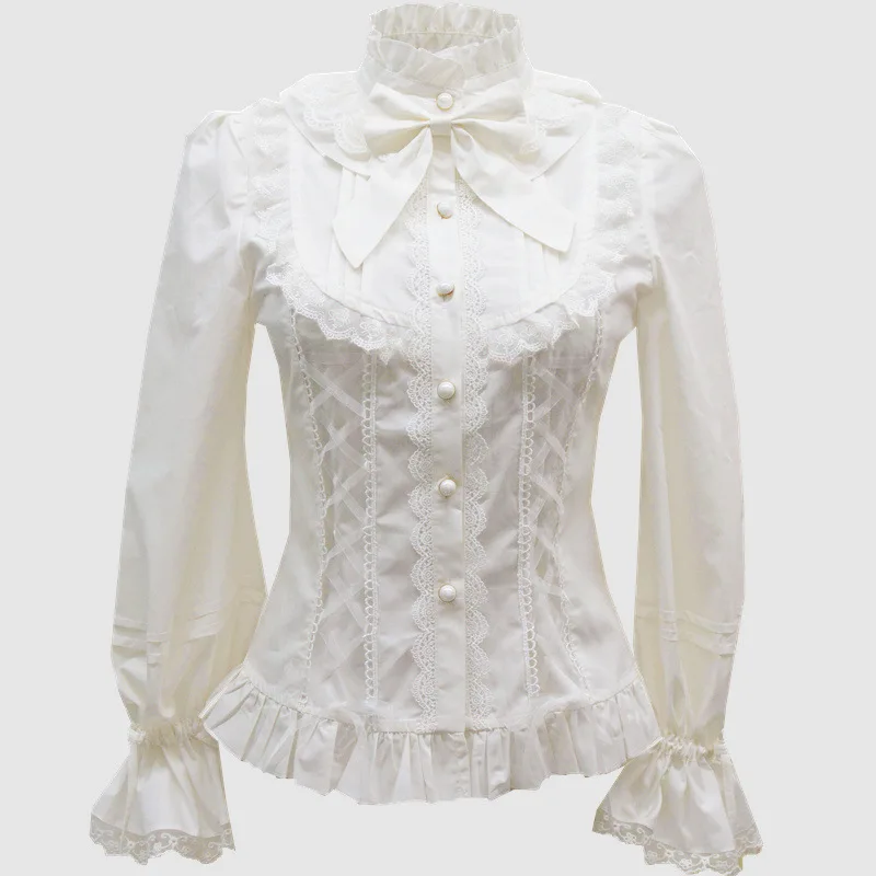 Женская длинная рубашка с расклешенными рукавами гофрированная Лолита Блузка белый/черный
