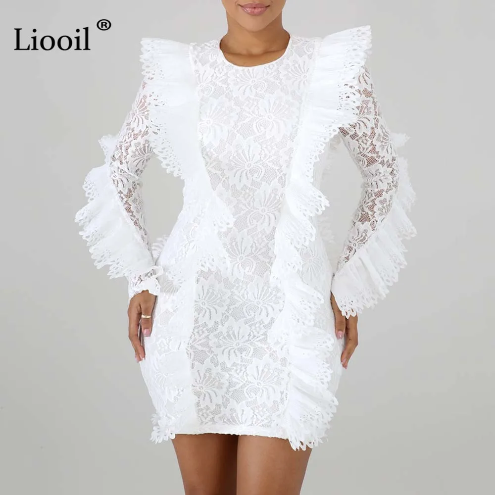 

Liooil Plus Size See Through Lace Wrap Dress Women Clothes 2019 Black Ruffle Bodycon Mini Dress O Neck Party Sexy Short Dresses
