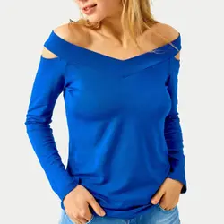 D сексуальный топ с открытыми плечами, осенняя блузка с v-образным вырезом и длинными рукавами, однотонные тонкие блузы, женская синяя
