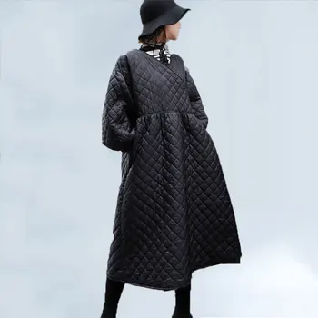

2019 Autumn Winter Cotton Coat Female Lantern Long Sleeeve Lace Up High Waist Long Women's Outerwear Korean Vintage Fashion 379