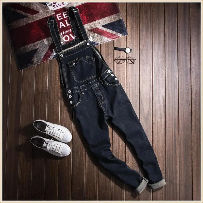 Мужская мода черный тонкий нагрудник джинсовые комбинезоны джинсы для мужчин размера плюс мужской цельный джинсовый комбинезон длинный S-XXL XXXL - Цвет: Черный