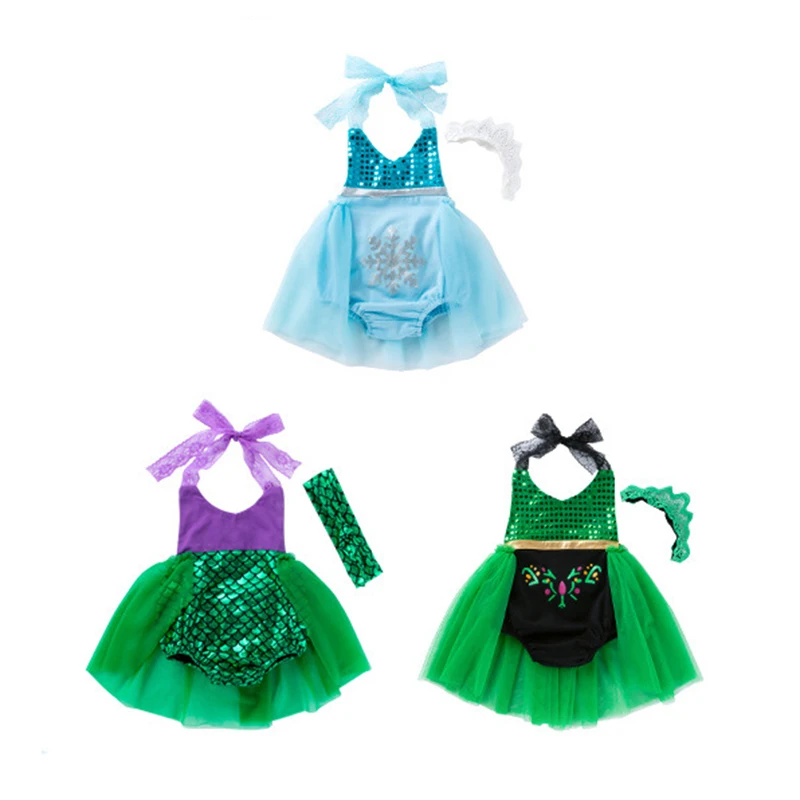 

Summer girl mermaid lace strap Fashion Princess Dress bellyband With Headband Set Baby Girl Birthday Party Dresses kids clothing