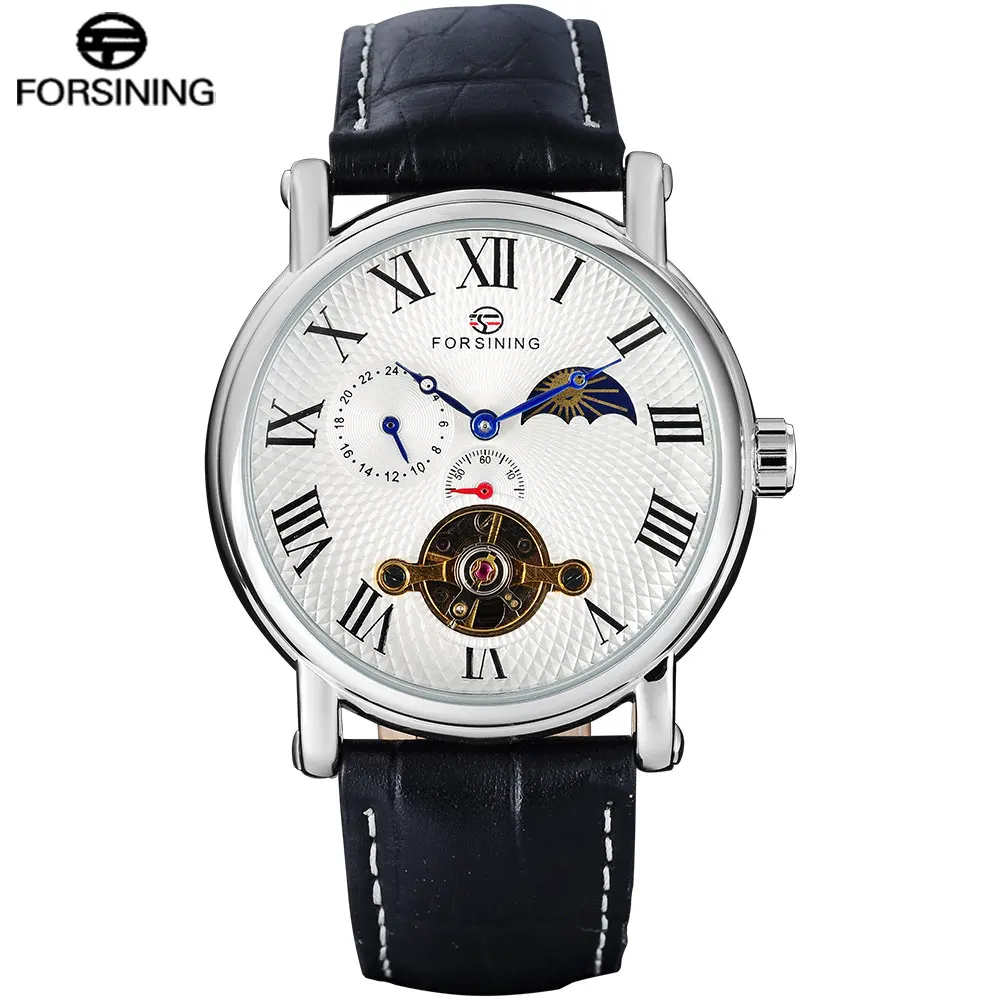 Forsining Роскошные Для мужчин Механическая Tourbillion Часы Пояса из натуральной кожи