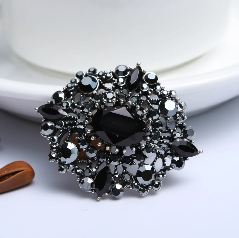 New Arrival Women Black Crystal vintage Flower Brooch Scarf Buckle For