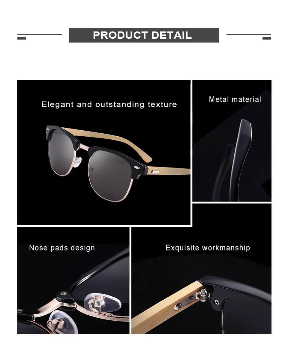 Бамбуковые солнцезащитные очки винтажные деревянные ножки солнцезащитные очки для мужчин половинчатая металлическая рама модный тренд UV400 очки Gafas De Sol PL1072