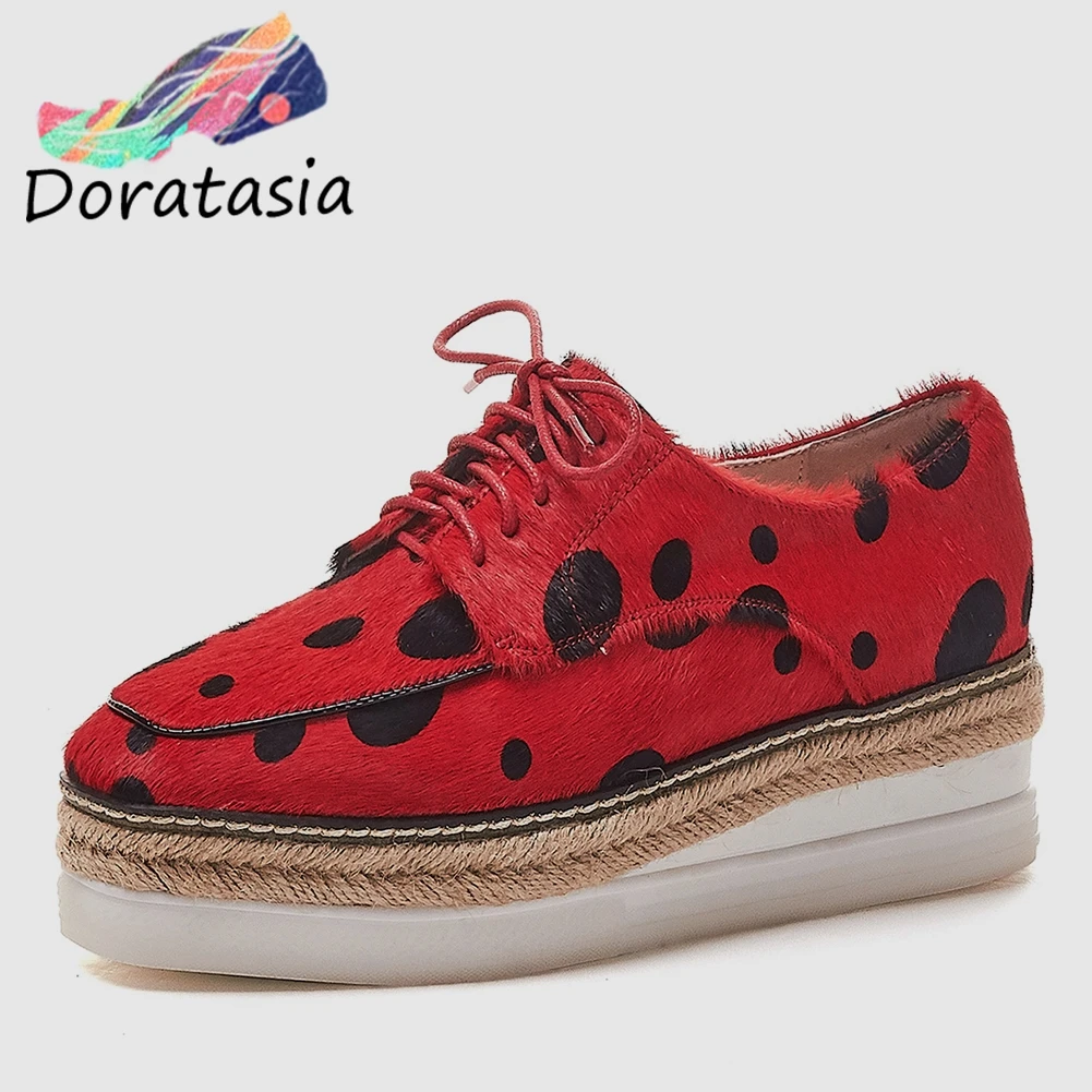 

DORATASIA 2020 Ploka Dot Top Quality Horsehair Flats Woman Flat Platform Sheepskin Insole Flats Women Comfortable Shoes Woman