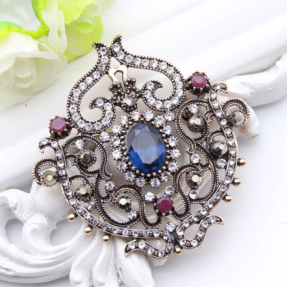 Vintage Women Turkish Flower Brooch Pin Resin Jewelry Rhinestone Brooches Broches Arabia Paisley Pattern Lapel Hijab