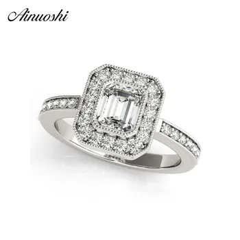 

AINUOSHI 925 Sterling Silver Women Wedding Engagement Rings Halo 0.5ct Emeralded Cut Ring Aniversary Jewelry anillo de mujer