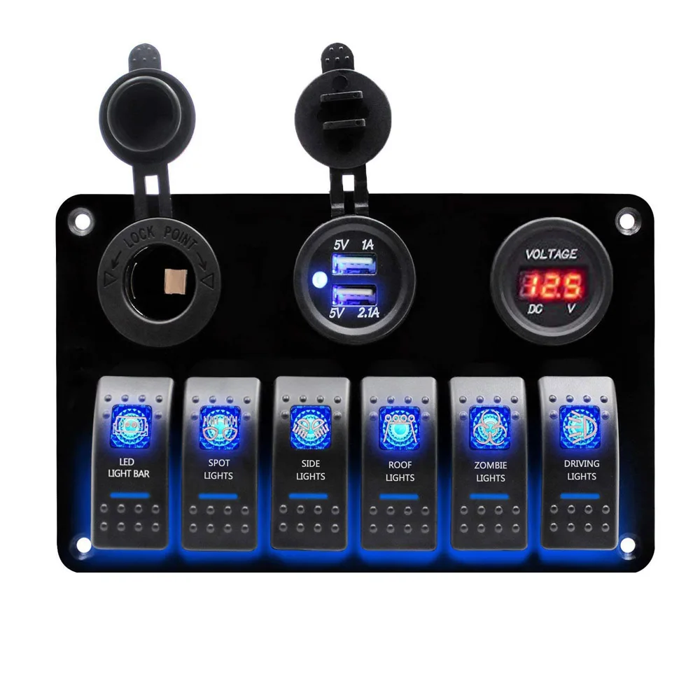 

Car Marine Rocker Switch Panel 12~24V Voltmeter Cigarette Lighter Socket Dual USB Port 6/8 Gauge Breaker Switch with Led Light