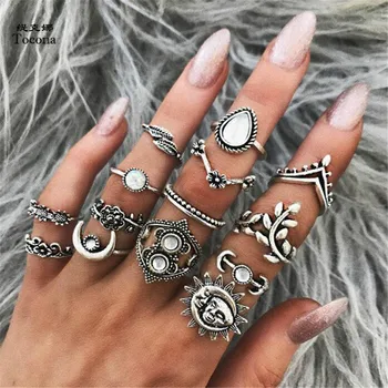 

Tocona 14 Pcs/set Vintage Antique Silver Color Sun Moon Flower Charm Midi Finger Ring Set for Women Bohemian Party Jewelry 6226