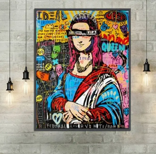 

free shipping hand made graffiti pop art Mona Lisa oil painting Alec Monopoly good for bedroom decoration