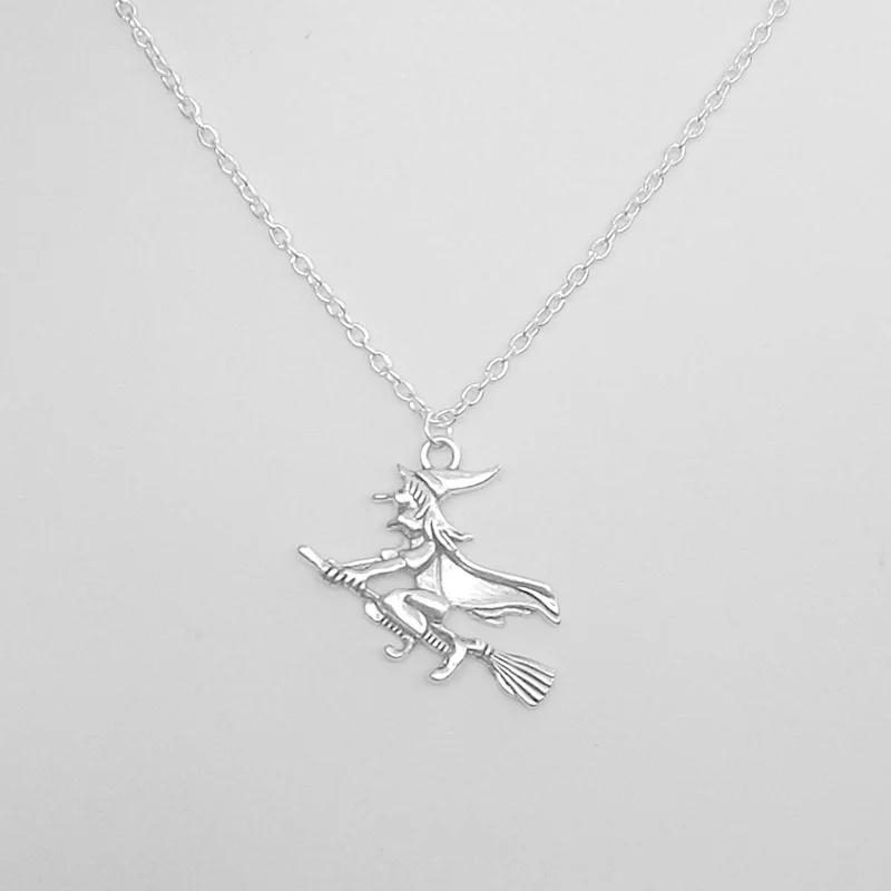 

Broomstick Witch Pendant Chain Necklace Christmas gifts Choker Collar Vintage Silver Wiccan Pagan Gothic Halloween Necklaces