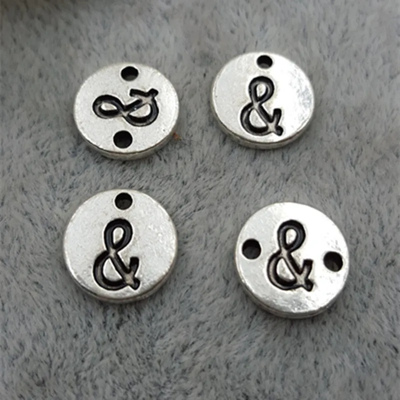 

20pcs Vintage Ancient Silver Zinc Alloy double hole Round Tag letter and & Charms For Jewelry Pendant with hole Making 10mm