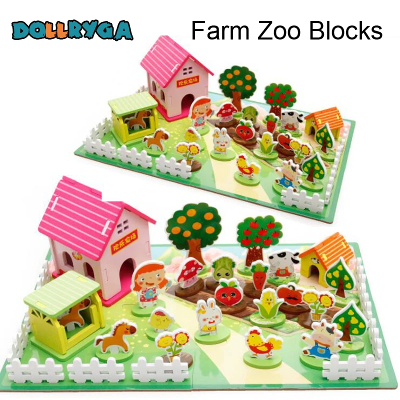 DOLLRYGA Wooden Constructor Farm Zoo Blocks Cartoon Animals And Plants Wood Toy Educational Preschool Early Learning Toys Set