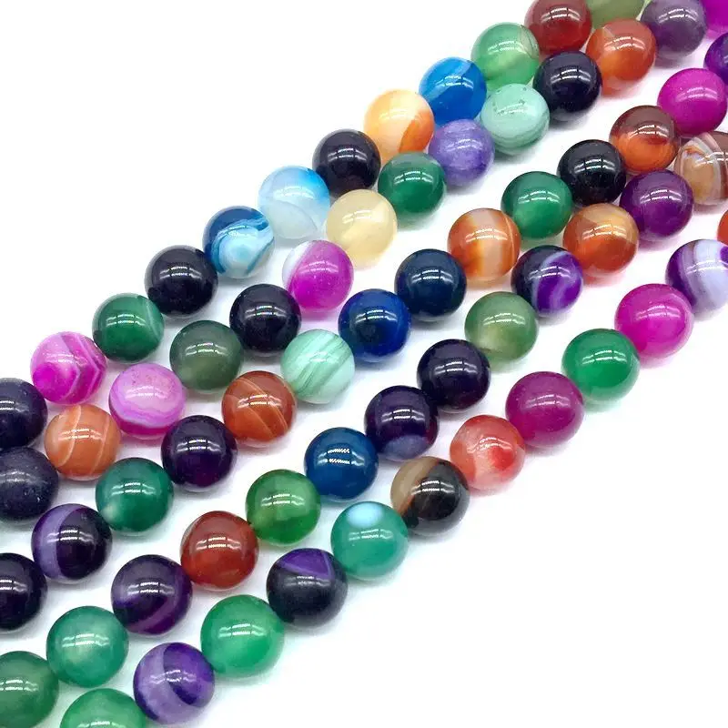 

4mm 6mm 8mm 10mm 12mm Natural Colorful Stripe Agates Stone Beads Round Smooth Ball