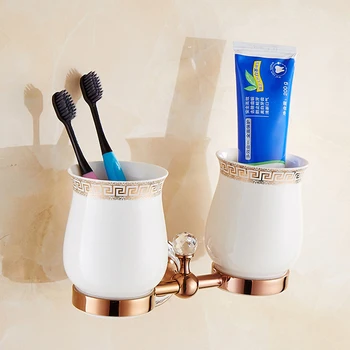

Classical Luxury Rose Gold Polished Brass Toothbrush Holder Ceramic Toothbrushing Cup Double Bathroom Accessories