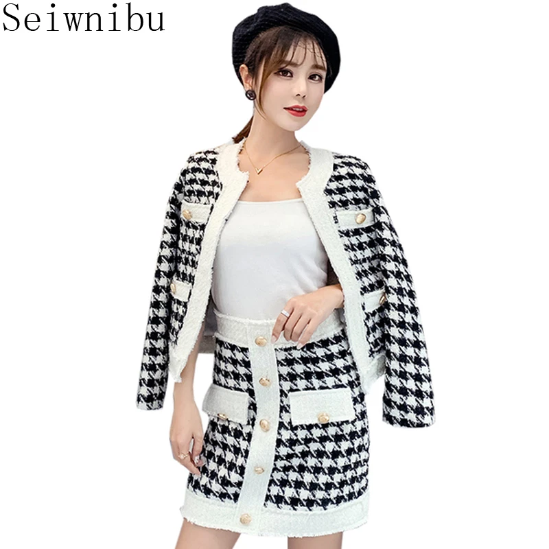 New Tweed Women 2 Piece Set Fall Winter Black houndstooth Hidden Breasted Short Jacket Coat 