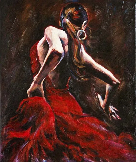 Español Flamenco bailarín en vestido rojo pintura al óleo sobre lienzo