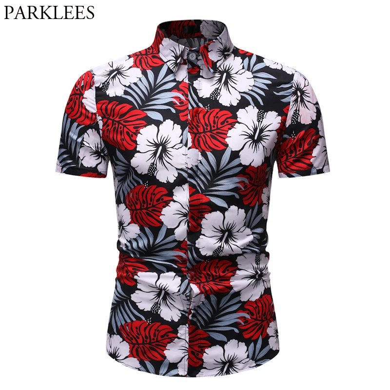 Mens Cotton Tropical Short Sleeve Floral Print Beach Casual Aloha Hawaiian Shirt