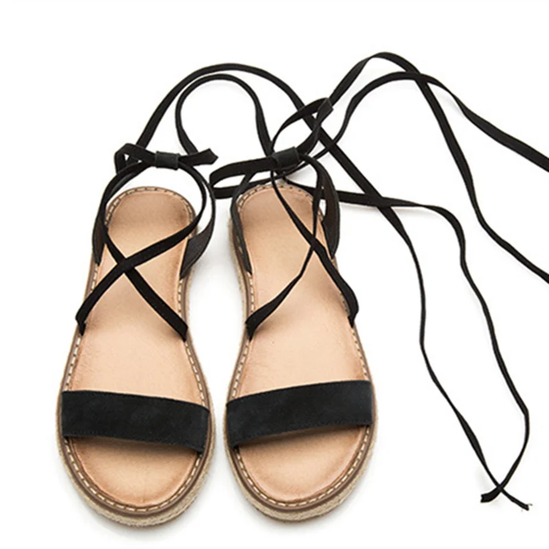 Genuine Leather Fashion Cross-tied Summer Women Flat Lace up Sandals Roman Style Open Toe Comfortable Summer Women Shoes