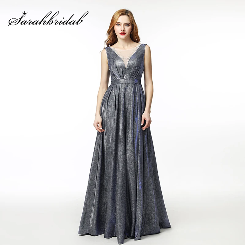 

2019 Open Back Lace Up A Line Long Evening Dress Illusion Party Elegant Vestido De Festa Steel Prom Gowns New Arrival L5313
