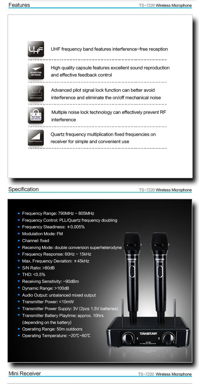 Takstar TS-7220 беспроводной ручной микрофон uhf беспроводной микрофон бытовой на сцене ktv домашний черный/белый