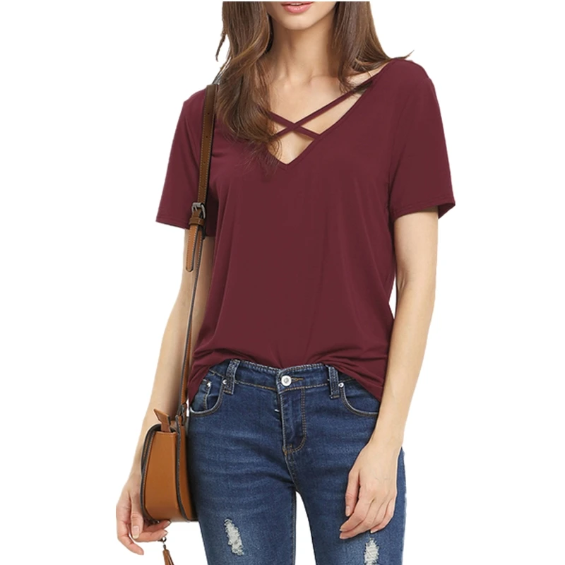 New arrival fashion T-shirt front and rear V-neck Women T shirt casual  lacing female wild street style 4-colors T-shirts S2636