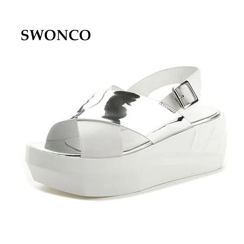 

SWONCO Women's Sandals 2018 Summer Genuine Leather 6cm Thick Sole Shoes Platform Sandals Women High Heels Roman Style Girl Shoes