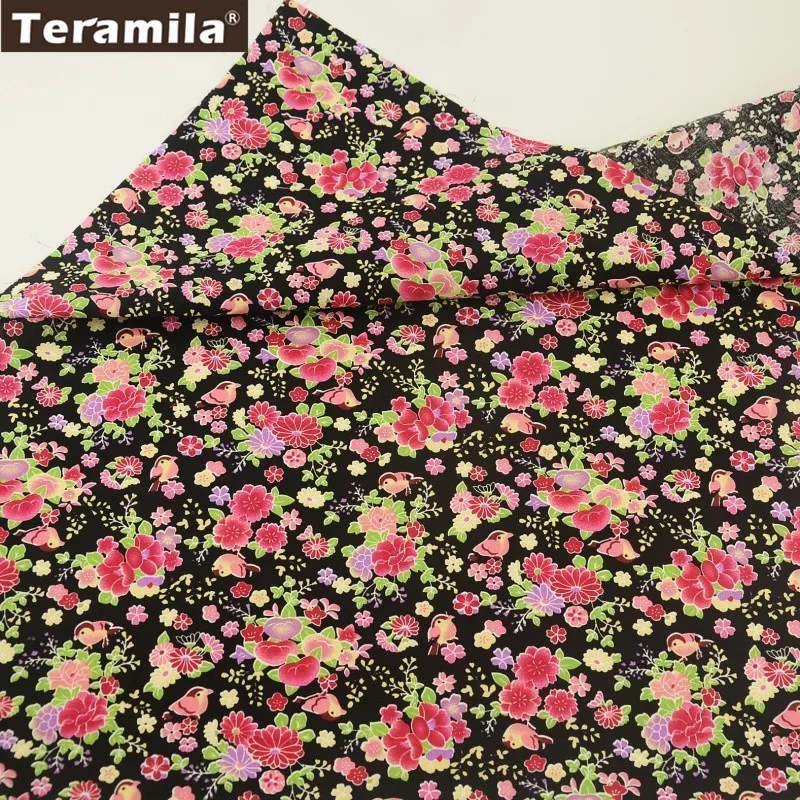 Teramila Cotton Poplin Fabric Black Printed Floral Design Fat Quarter Meter Tissue Quilting Sewing Dress Crafts Home Decoration|tissu quilting|cotton